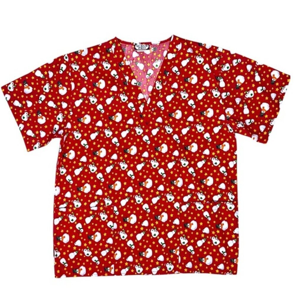Scrub Pro Holiday Snowman Print Scrub Top Cotton Blend Pockets Red Women XL